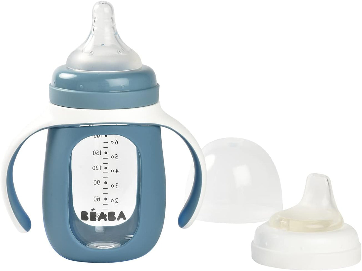 BEABA 2-In-1 Glass Baby Bottle to Glass Training Sippy Cup, Learning Cup, Baby Bottle with Soft Silicone Nipple and Sippy Spout, Baby, Toddler 7 Oz (Rain)