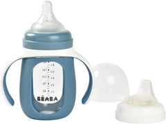 BEABA 2-In-1 Glass Baby Bottle to Glass Training Sippy Cup, Learning Cup, Baby Bottle with Soft Silicone Nipple and Sippy Spout, Baby, Toddler 7 Oz (Rain)