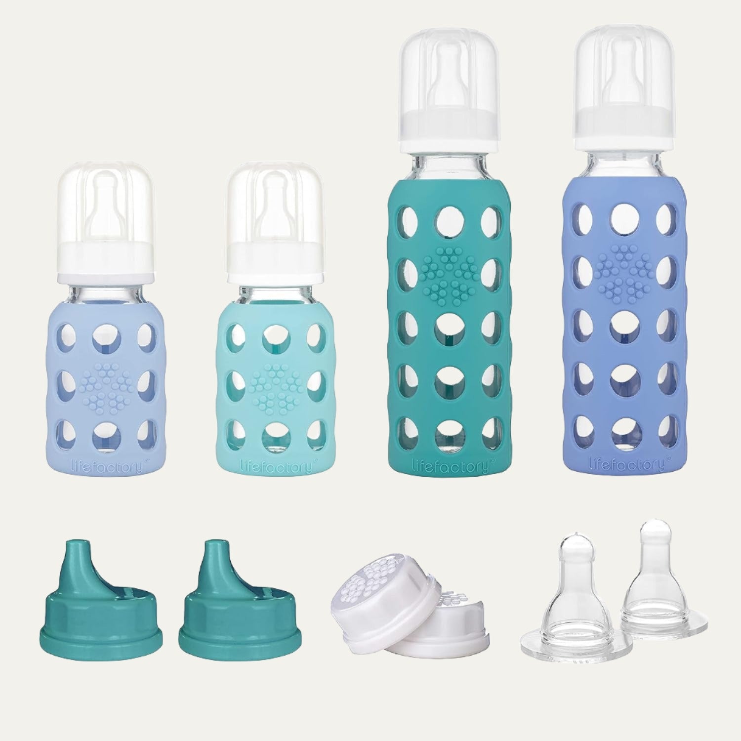 Lifefactory 4-Piece Baby Bottle Set with Stage 2 Nipples and Caps in Mint/Blanket and Kale/Blueberry - Includes 10 Nipples