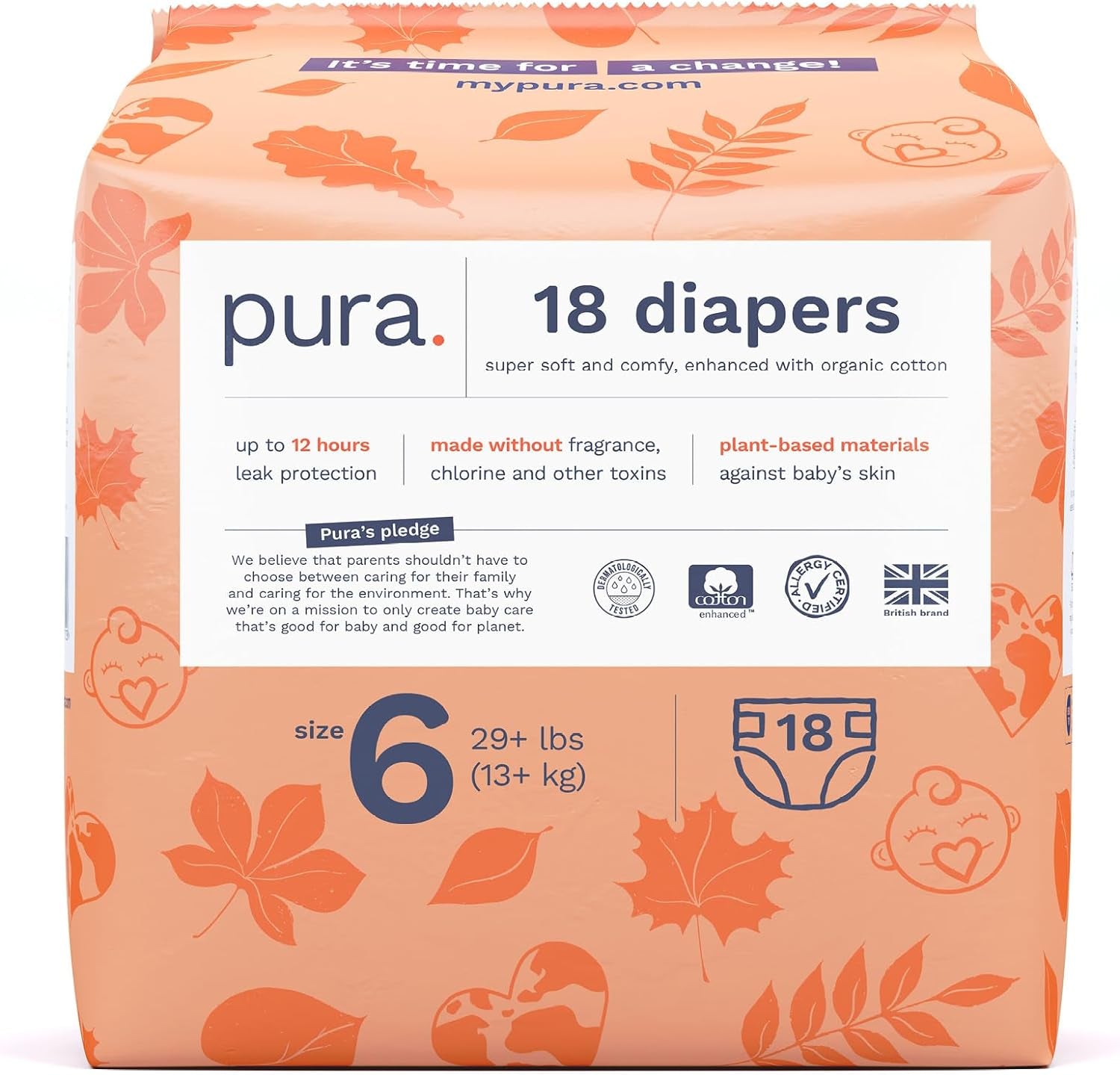 Pura Size 1 Eco-Friendly Diapers, Hypoallergenic, Soft Organic Cotton Comfort, Sustainable, Wetness Indicator Allergy UK, Recyclable Packaging, 96 Count