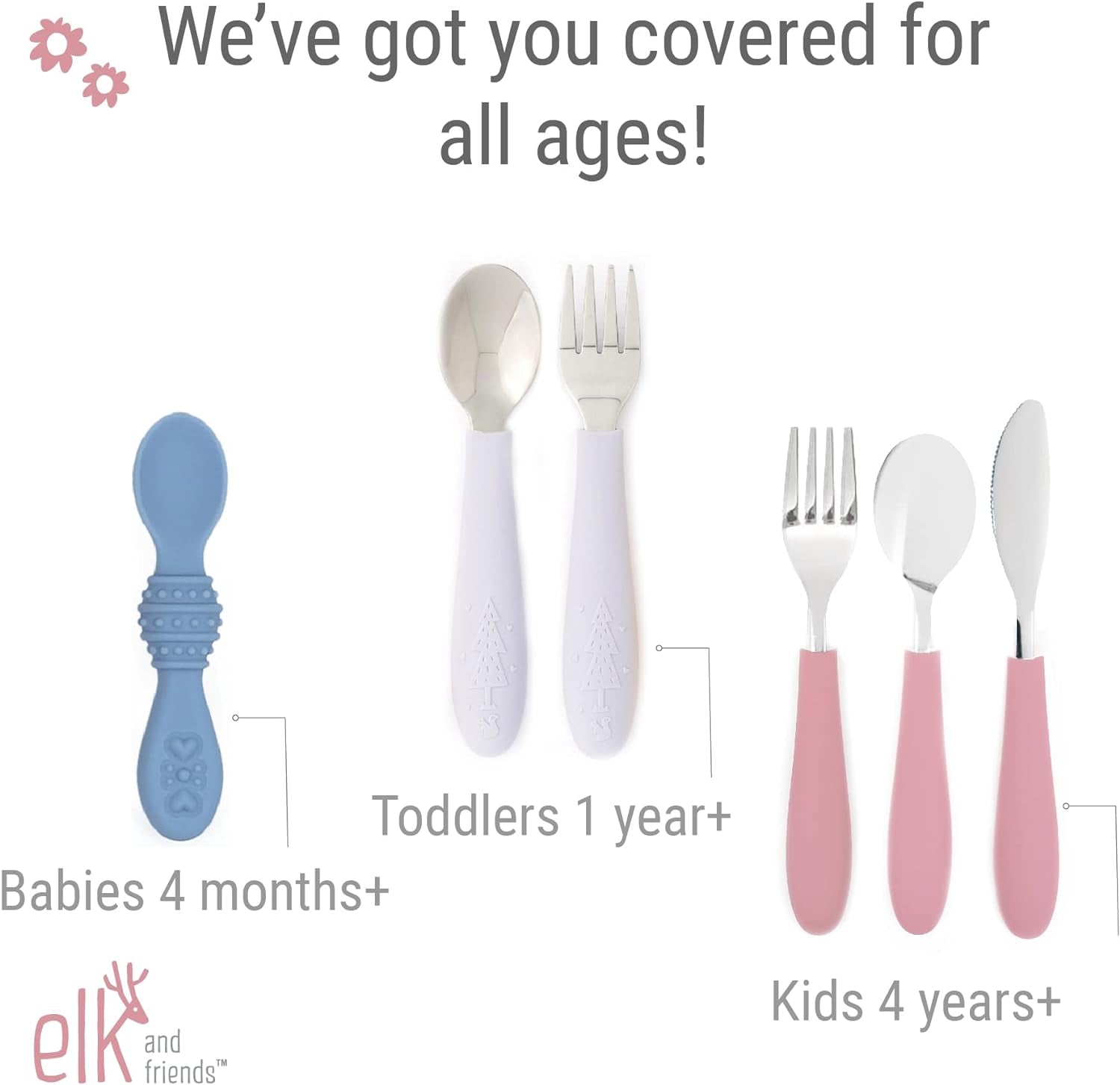 Elk and Friends Kids Silverware with Silicone Handle | Childrens Safe Flatware | Toddler Utensils | Baby Spoons + Forks | Stainless Steel Cutlery