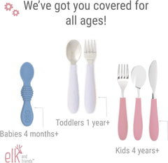 Elk and Friends Kids Silverware with Silicone Handle | Childrens Safe Flatware | Toddler Utensils | Baby Spoons + Forks | Stainless Steel Cutlery